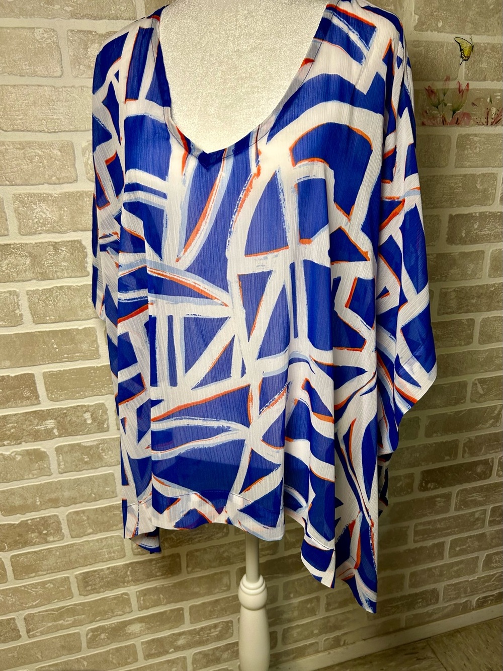 Chico's Blue, White & Orange Abstract V-Neck Tunic